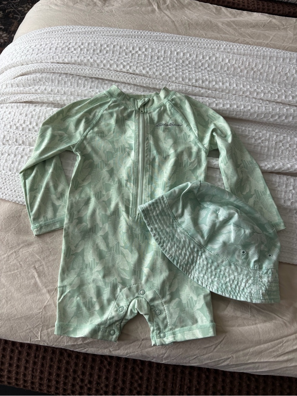 Eddie Bauer Mint Green Long-Sleeve Baby One-Piece with Sun Hat